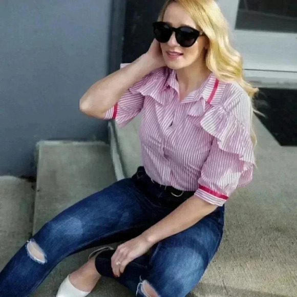 CHIC DOLLZ Stripes & Ruffles Button Down Top - Picture 1 of 4